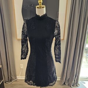 Killstar Black Lace Long Sleeve Dress Cross Detail S